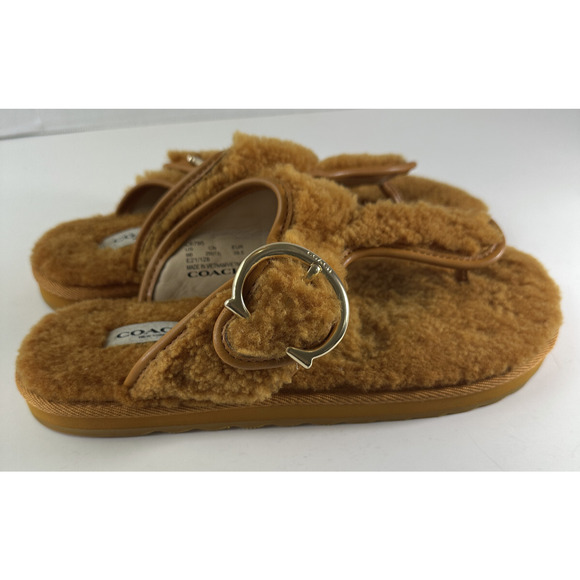 Coach Hollie Flip Flops Plush Shearling Slip On Thong Sandals Butterscotch Sz 9B - Picture 12 of 14